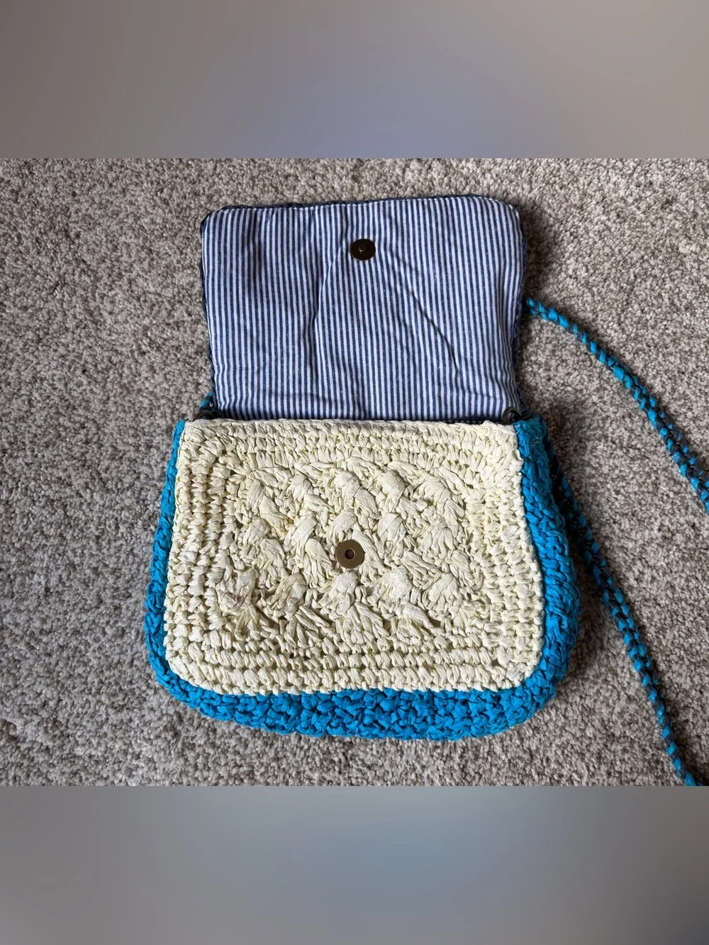 J.Crew blue, cream, and navy blue woven straw crossbody bag blue braided strap